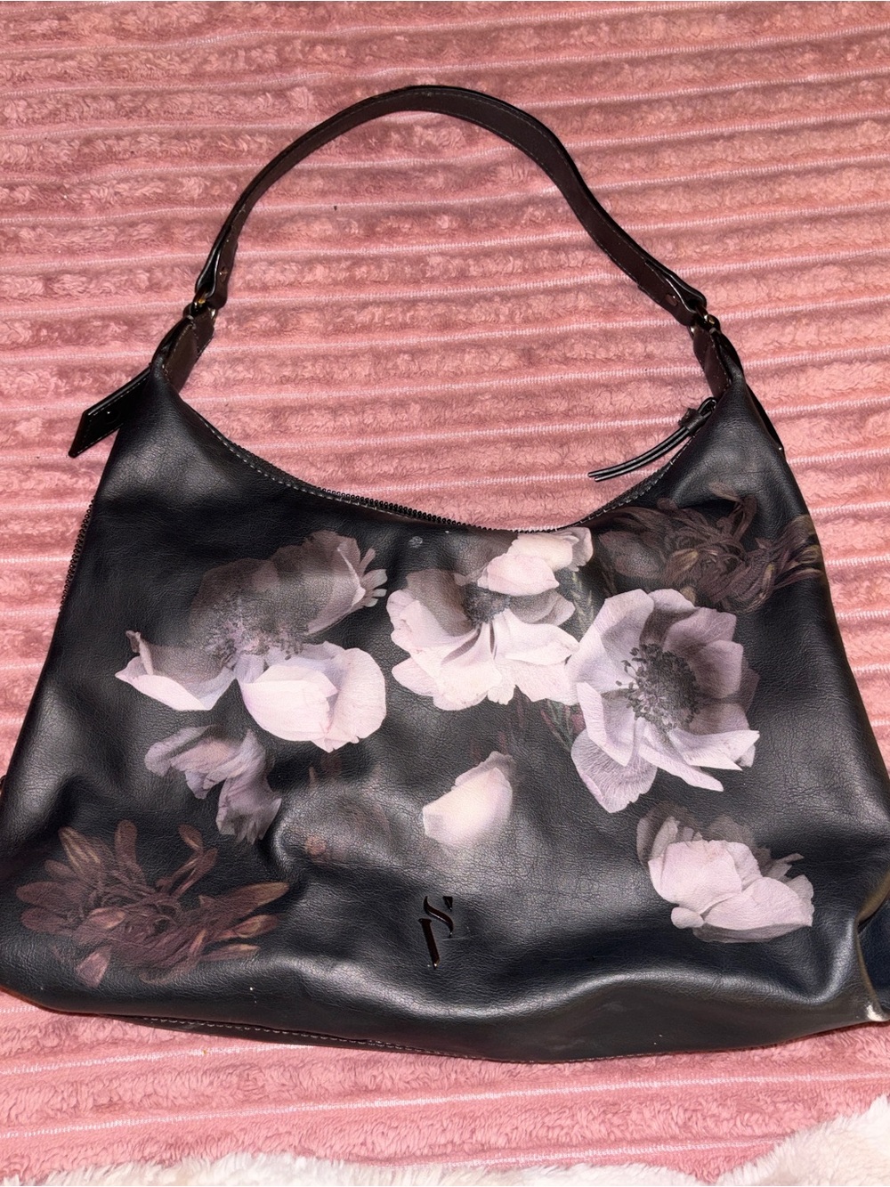 Vera Wang Black Shoulder Bag with Soft Pink Floral Print